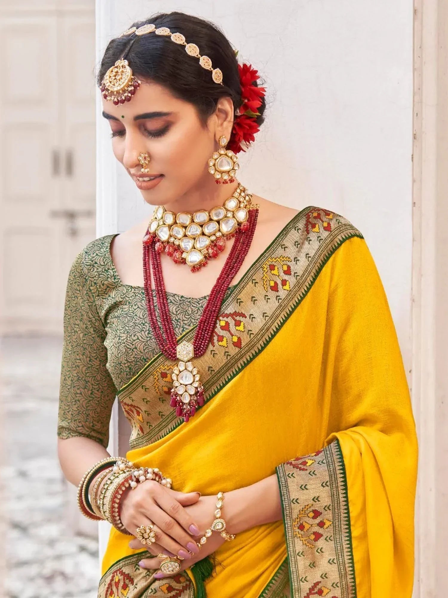 Bewitching Yellow Lace Work Silk Haldi Wear Saree With Blouse
