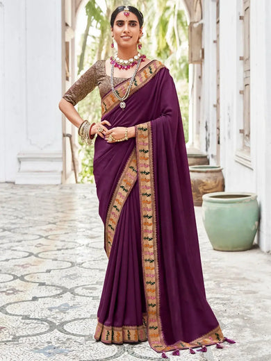 Mesmerizing Wine Lace Work Vichitra Silk Wedding Wear Saree