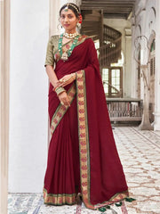 Magnetic Maroon Heavy Lace Work Silk Wedding Saree With Blouse