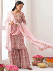 Excellent Pink Digital Printed Muslin Festival Wear Sharara Suit