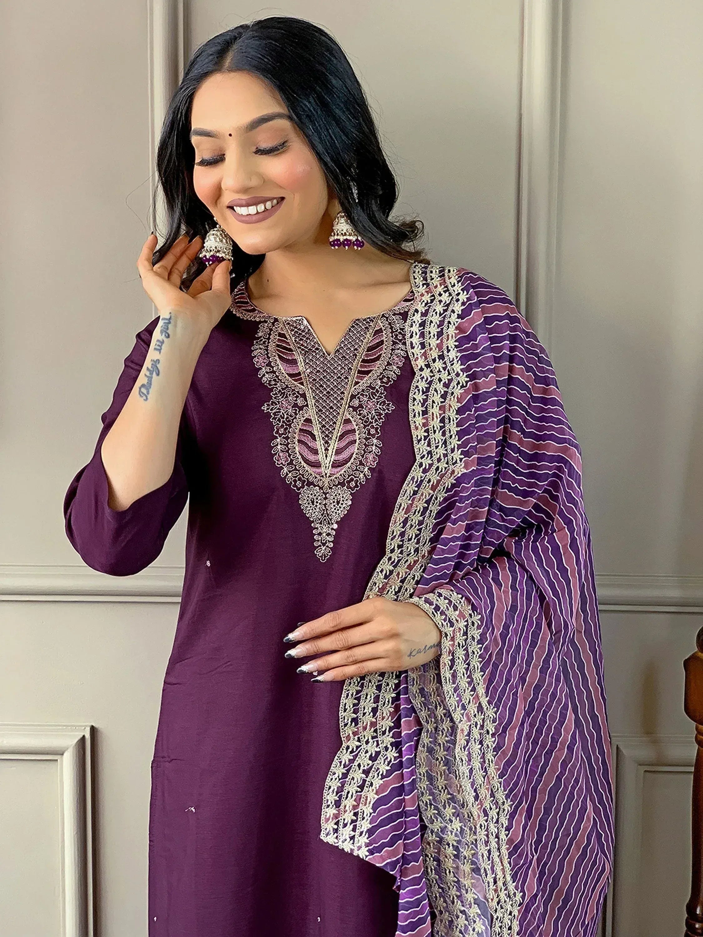 Purple embroidered ethnic kurti with matching dupatta, perfect for Indian festive wear