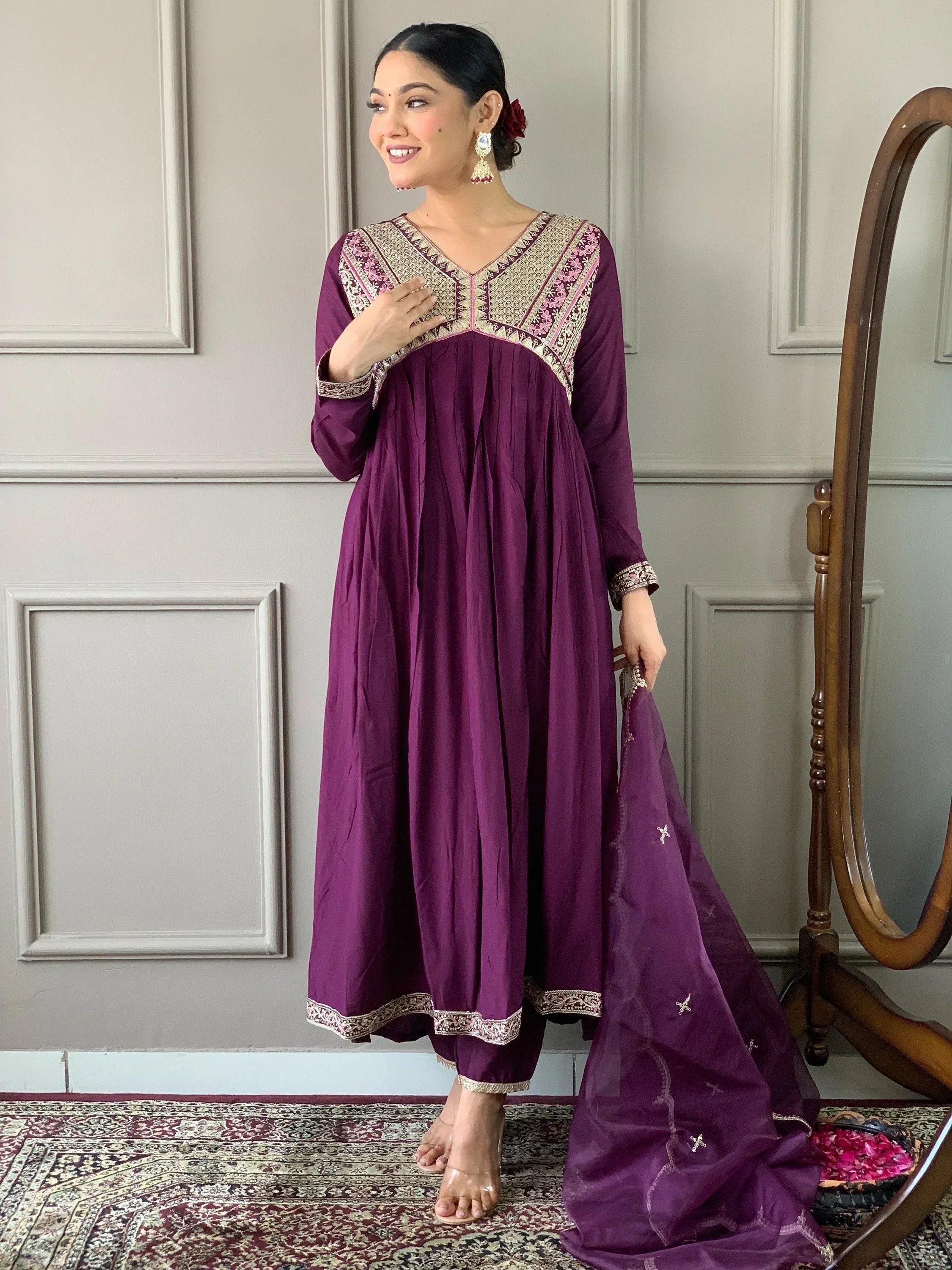 Purple embroidered ethnic anarkali suit with dupatta, perfect for Indian festive occasions
