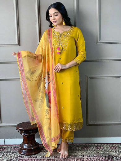 Captivating Yellow Embroidered Chanderi Pant Suit With Dupatta