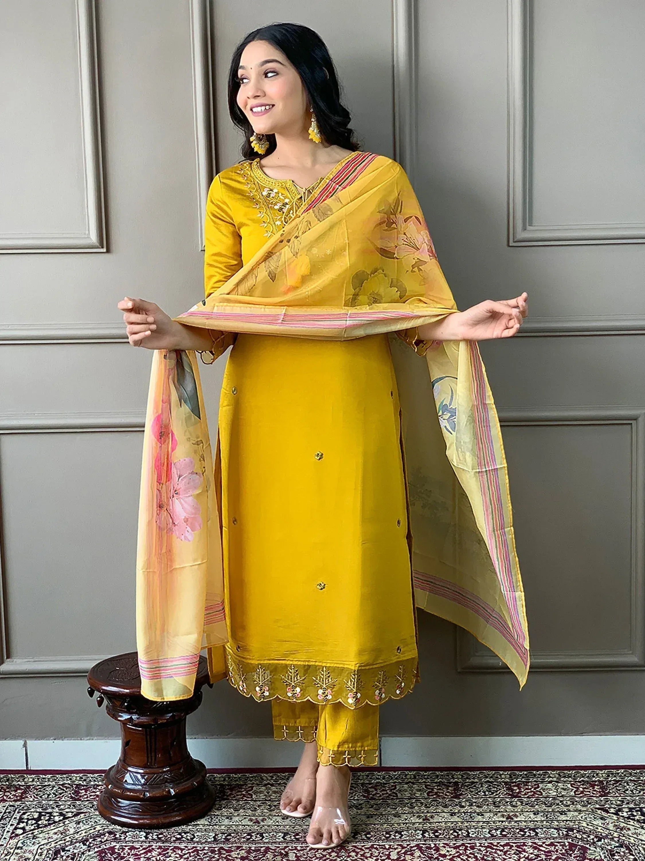 Yellow embroidered salwar kameez with floral dupatta, Indian ethnic wear for women