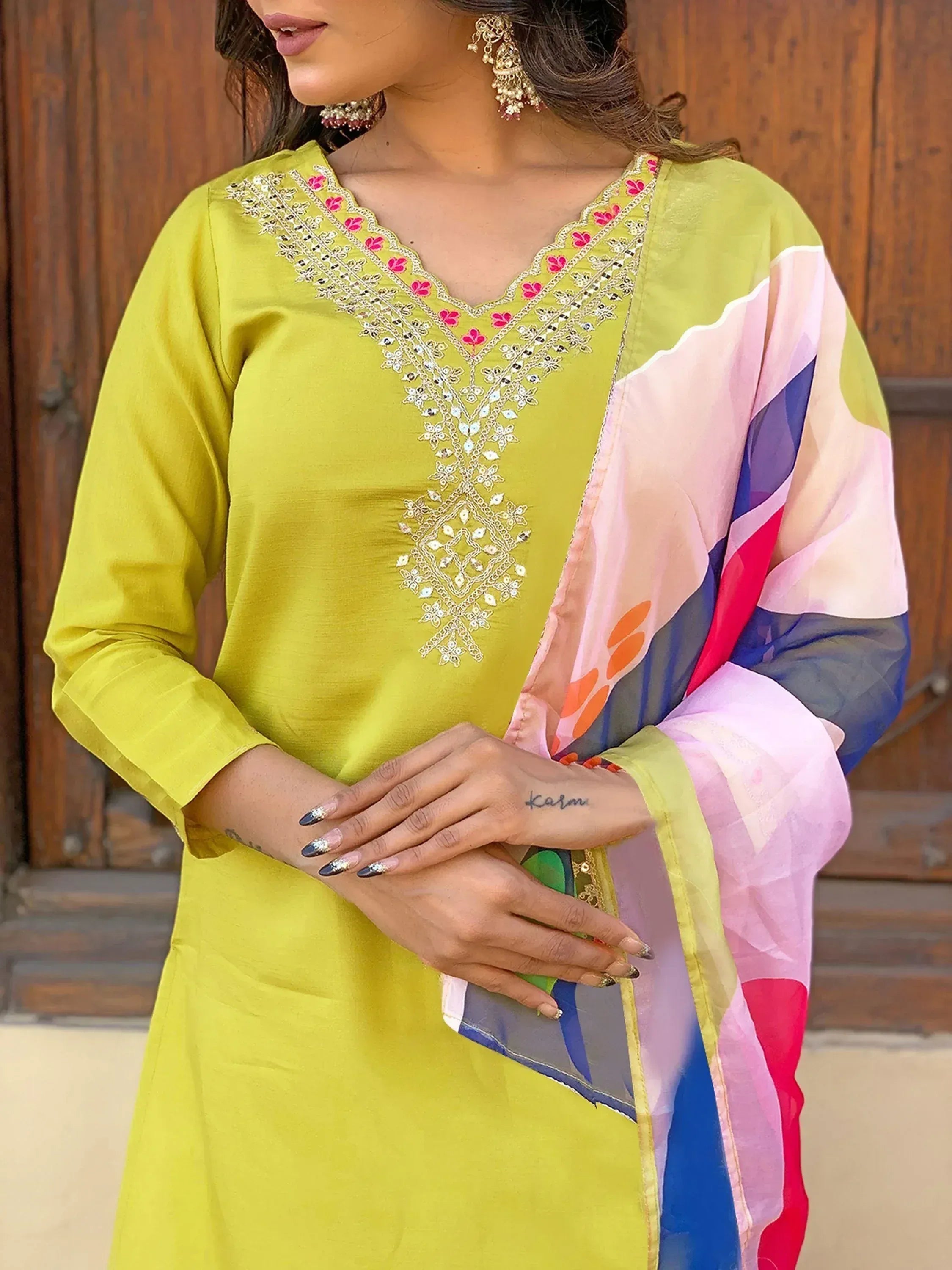 Yellow embroidered kurti with colorful dupatta, Indian ethnic wear for women