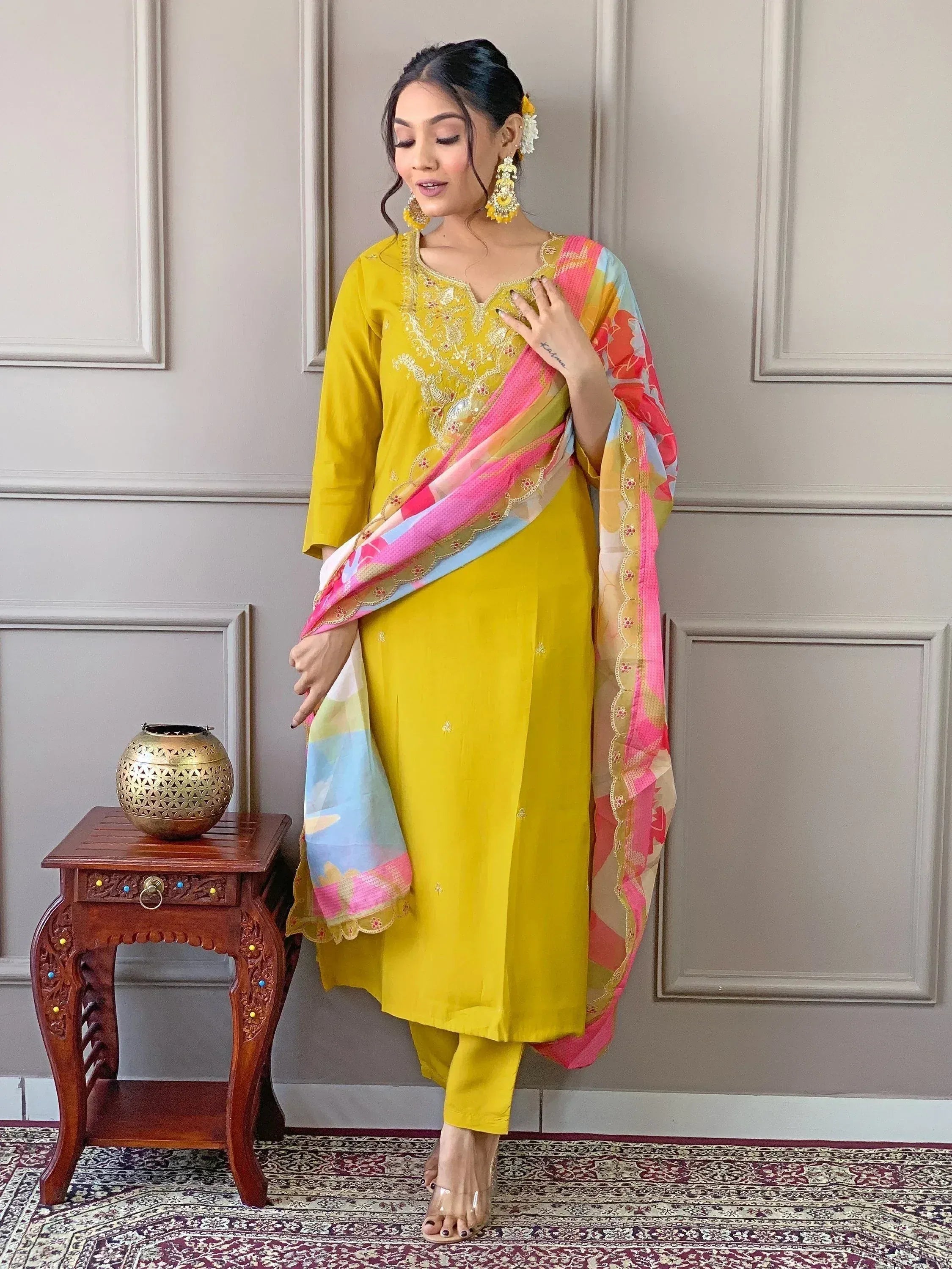 Yellow embroidered salwar kameez with colorful dupatta, ethnic Indian wear for women