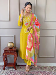 Glamorous Yellow Embroidered Viscose Pant Suit With Dupatta