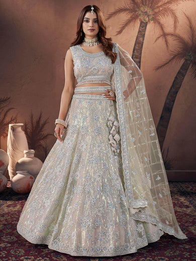 Fantastical Off-White Sequins Net Engagement Wear Lehenga Choli