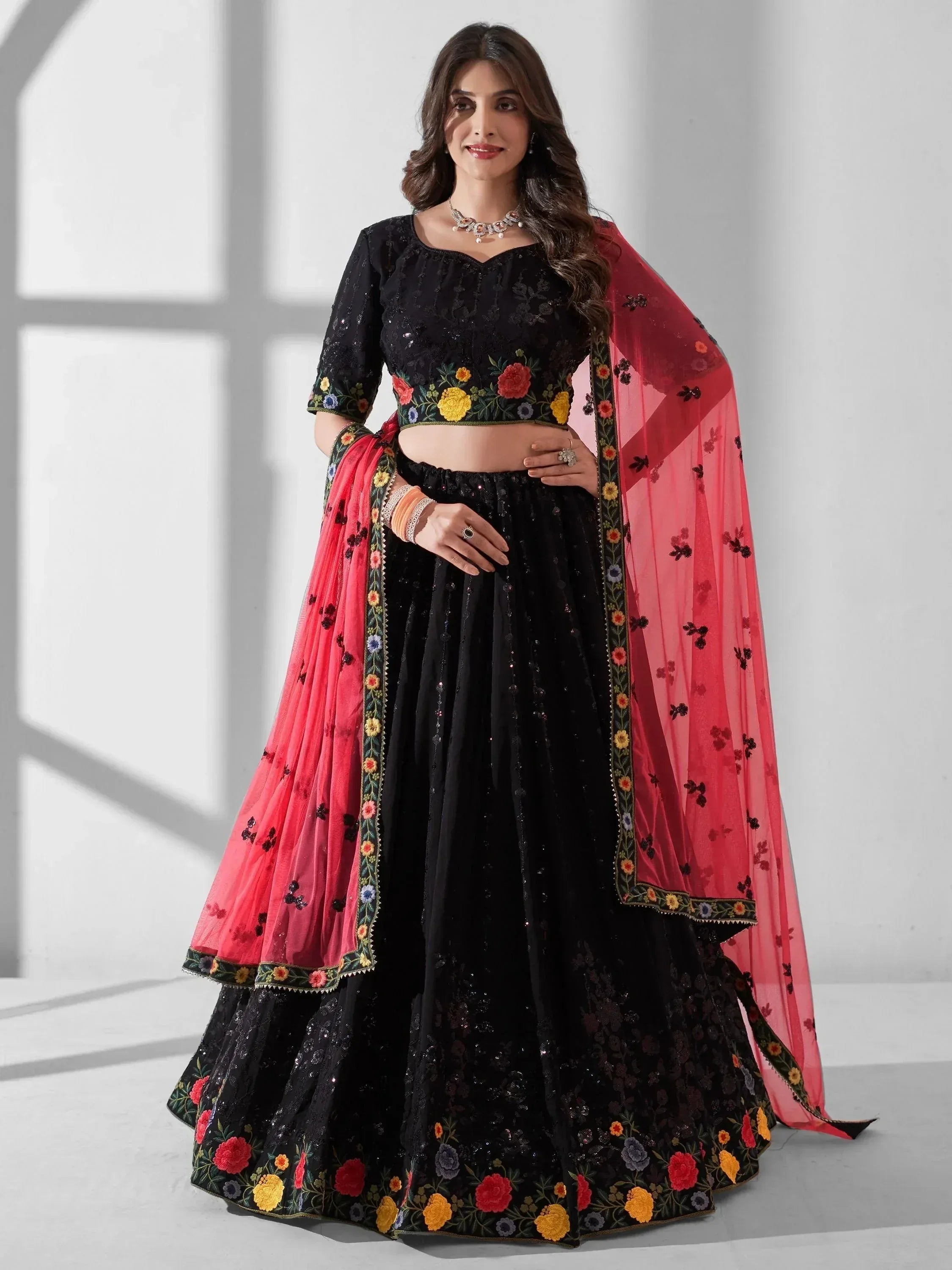 Black floral embroidered lehenga choli with pink dupatta, Indian ethnic wear for women