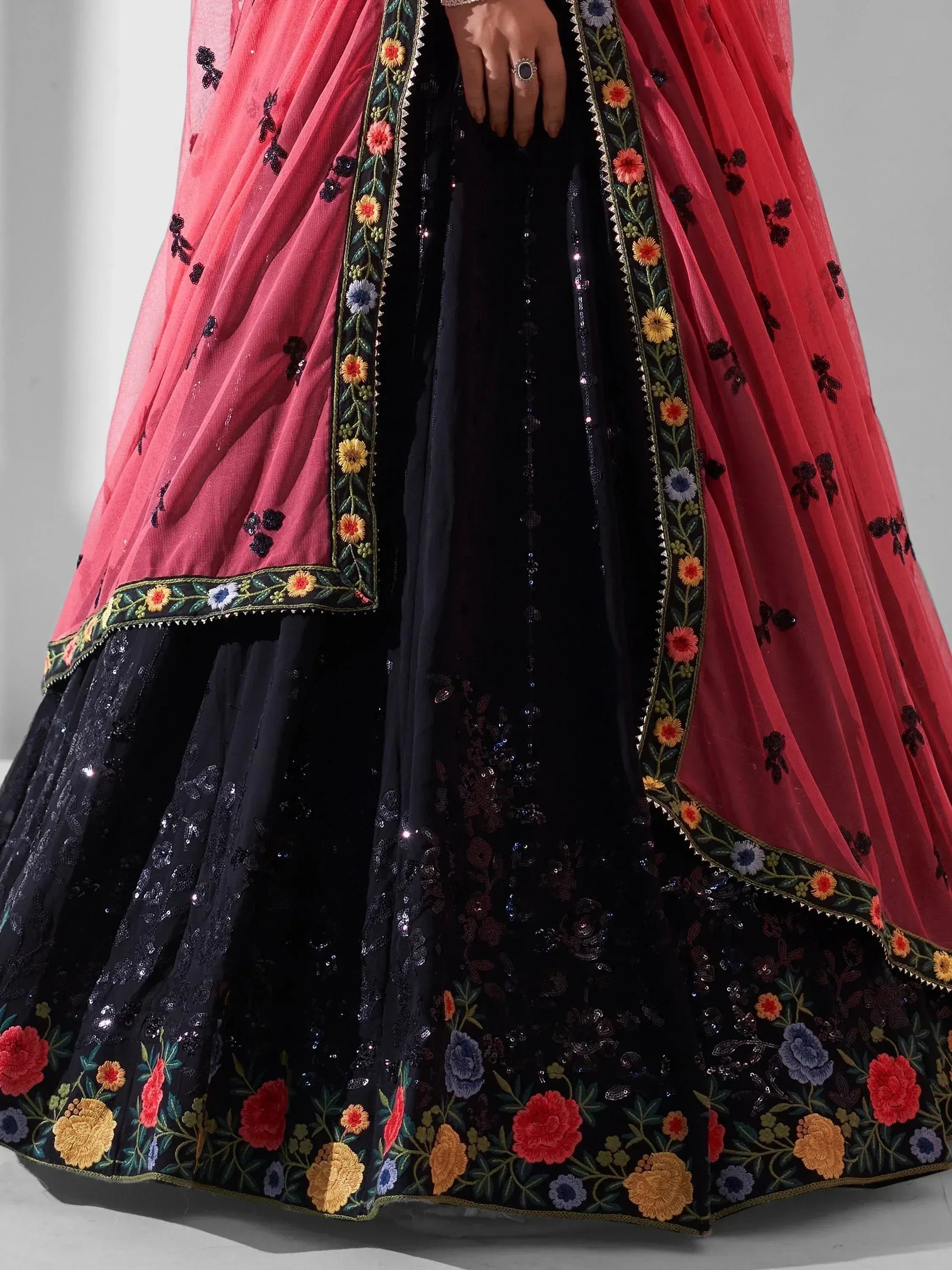 Black lehenga with floral embroidery and pink dupatta, Indian ethnic wear