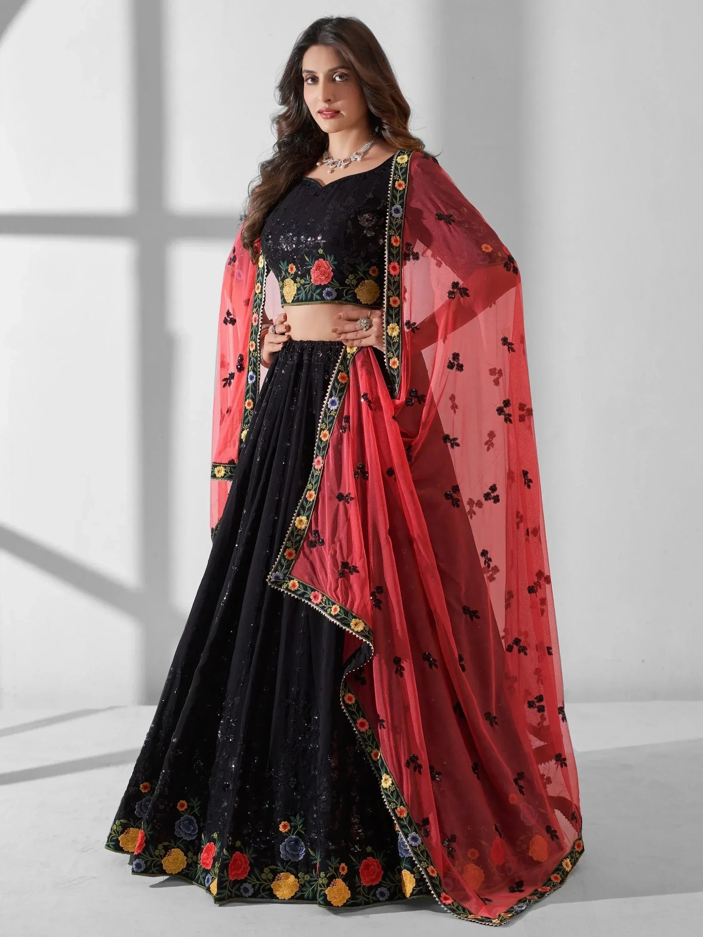 Black floral embroidered lehenga choli with red dupatta, Indian ethnic wear for women