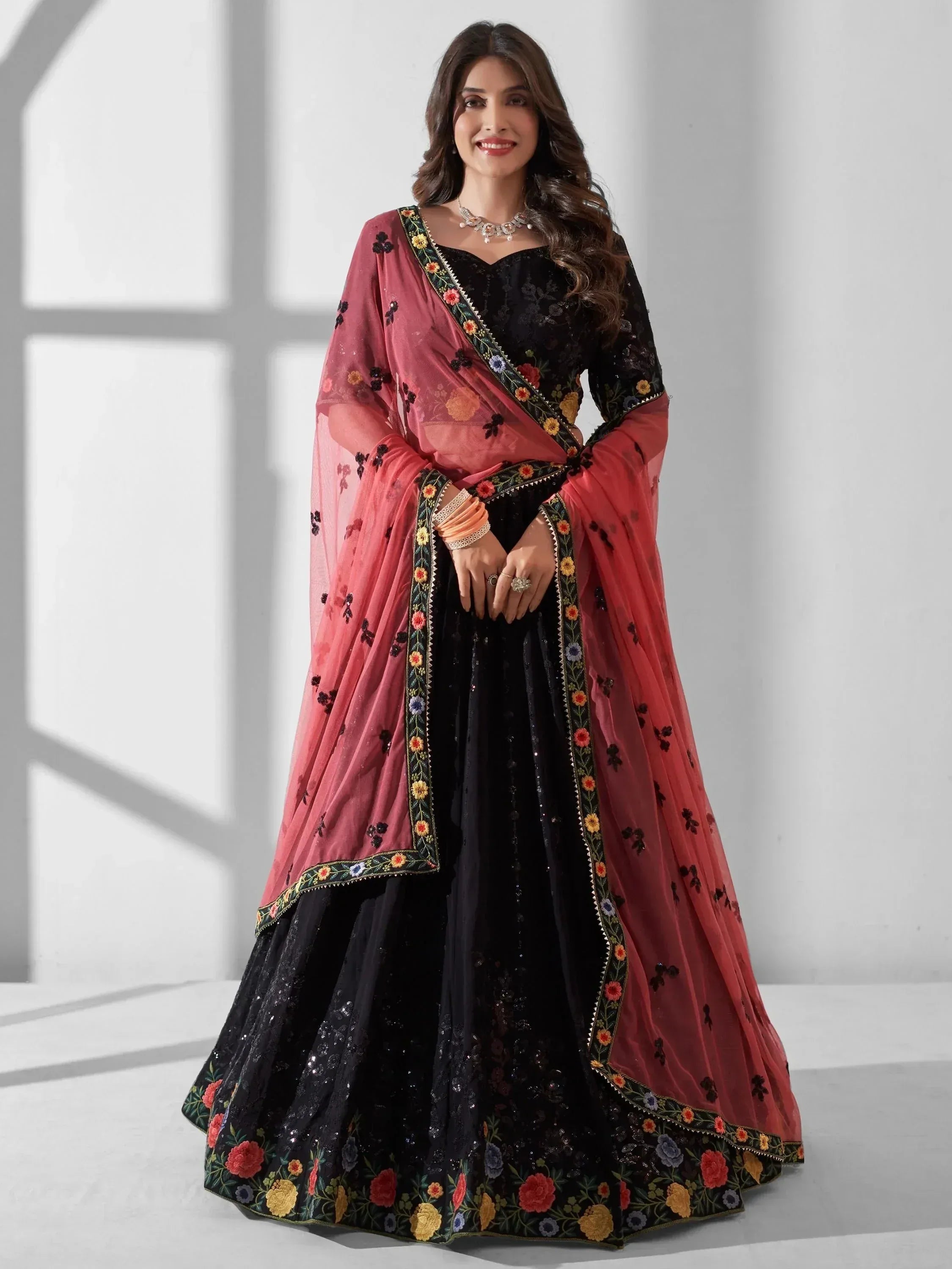 Black floral embroidered lehenga choli with pink dupatta, Indian ethnic wear for women