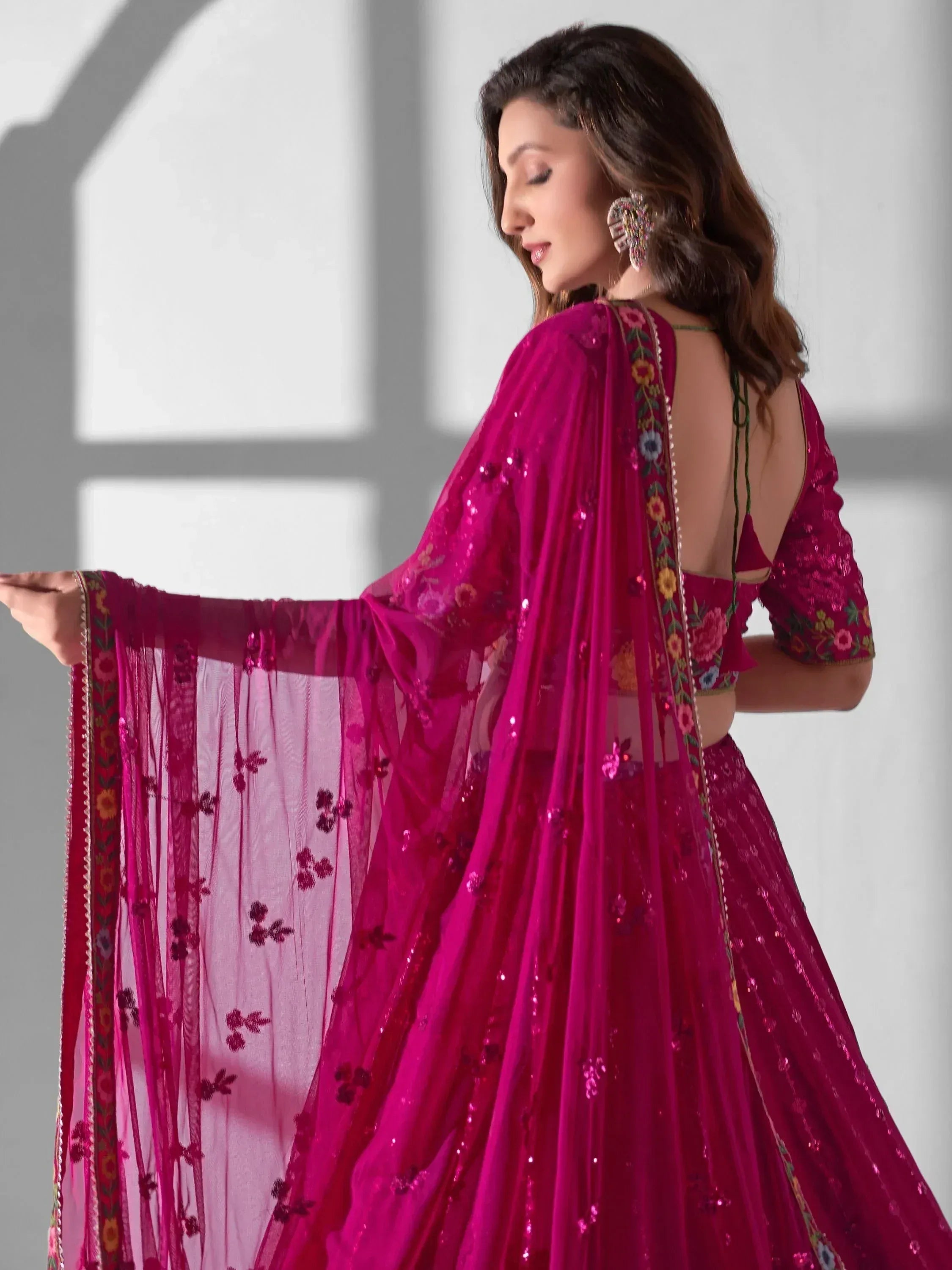 Fuchsia sequin lehenga choli with floral embroidery and sheer dupatta, Indian ethnic wear