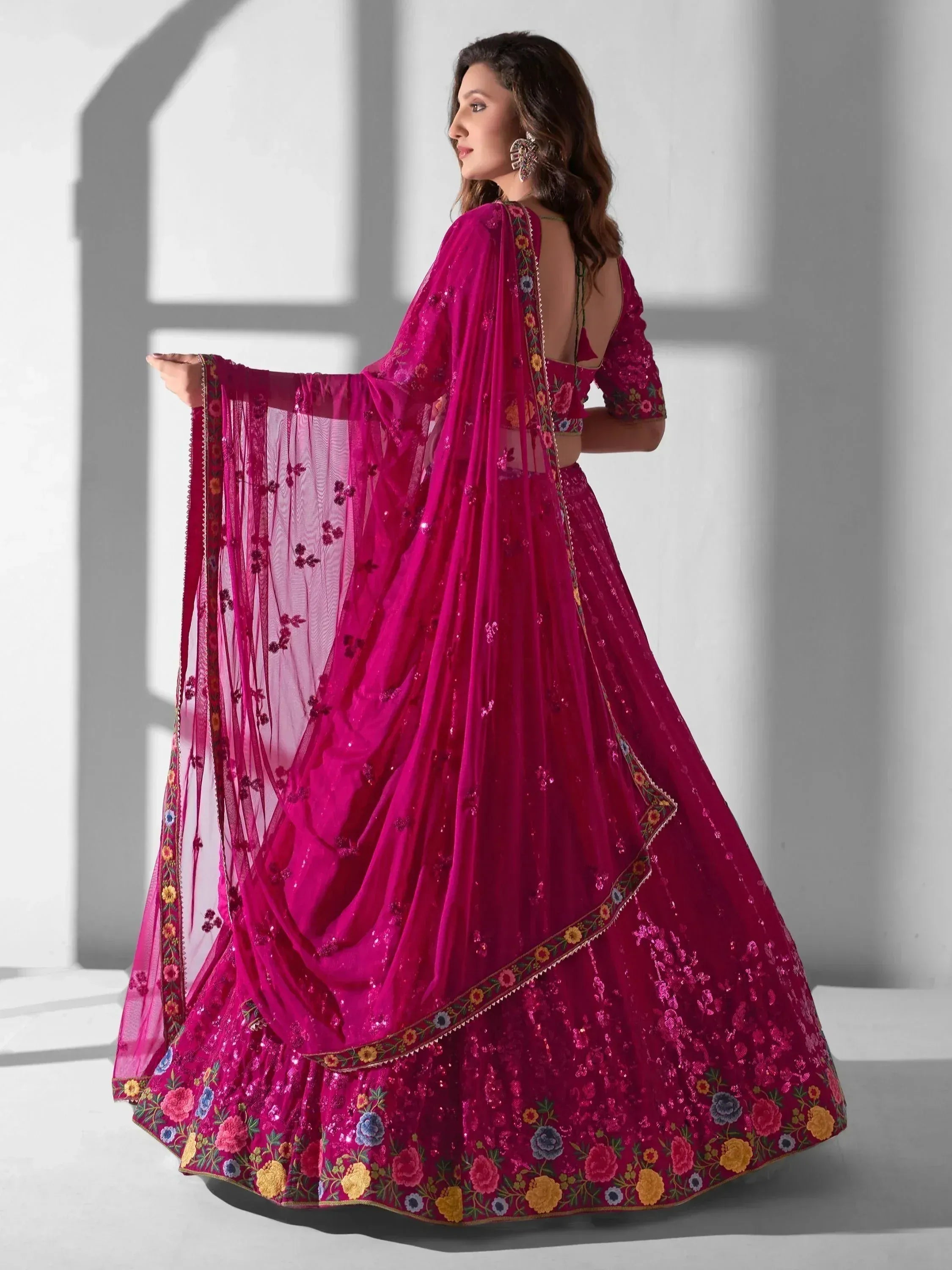 Fuchsia floral embroidered lehenga choli with sheer dupatta, Indian ethnic wear for weddings