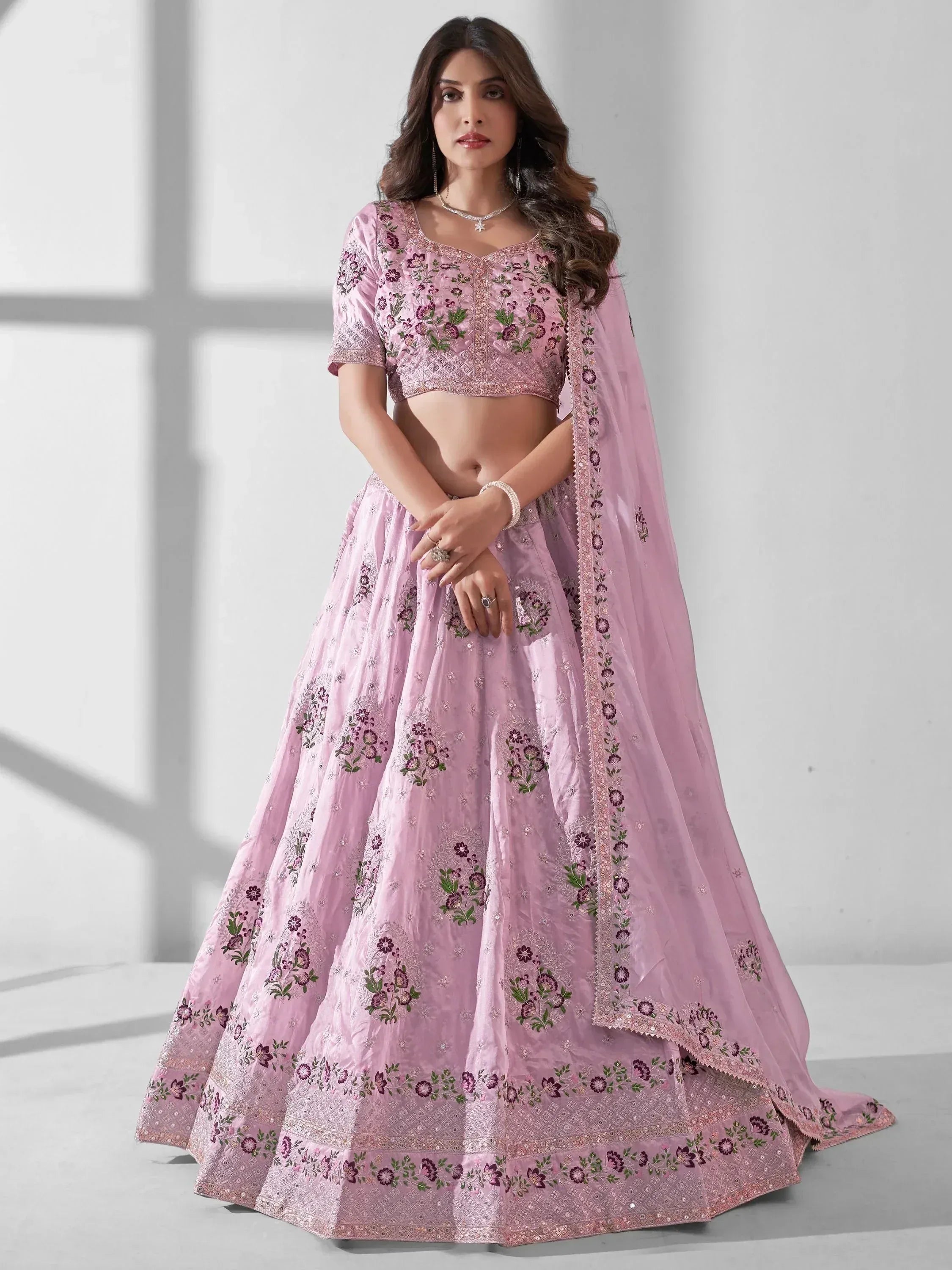 Pink floral embroidered lehenga choli with matching dupatta, Indian ethnic wear for women