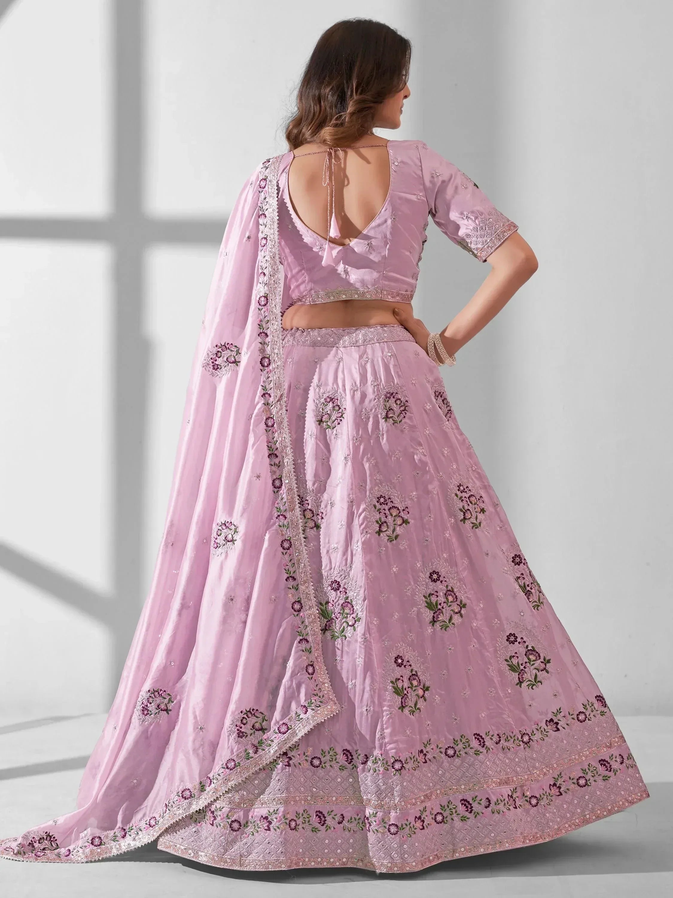 Pink floral embroidered lehenga choli with back tie blouse and dupatta