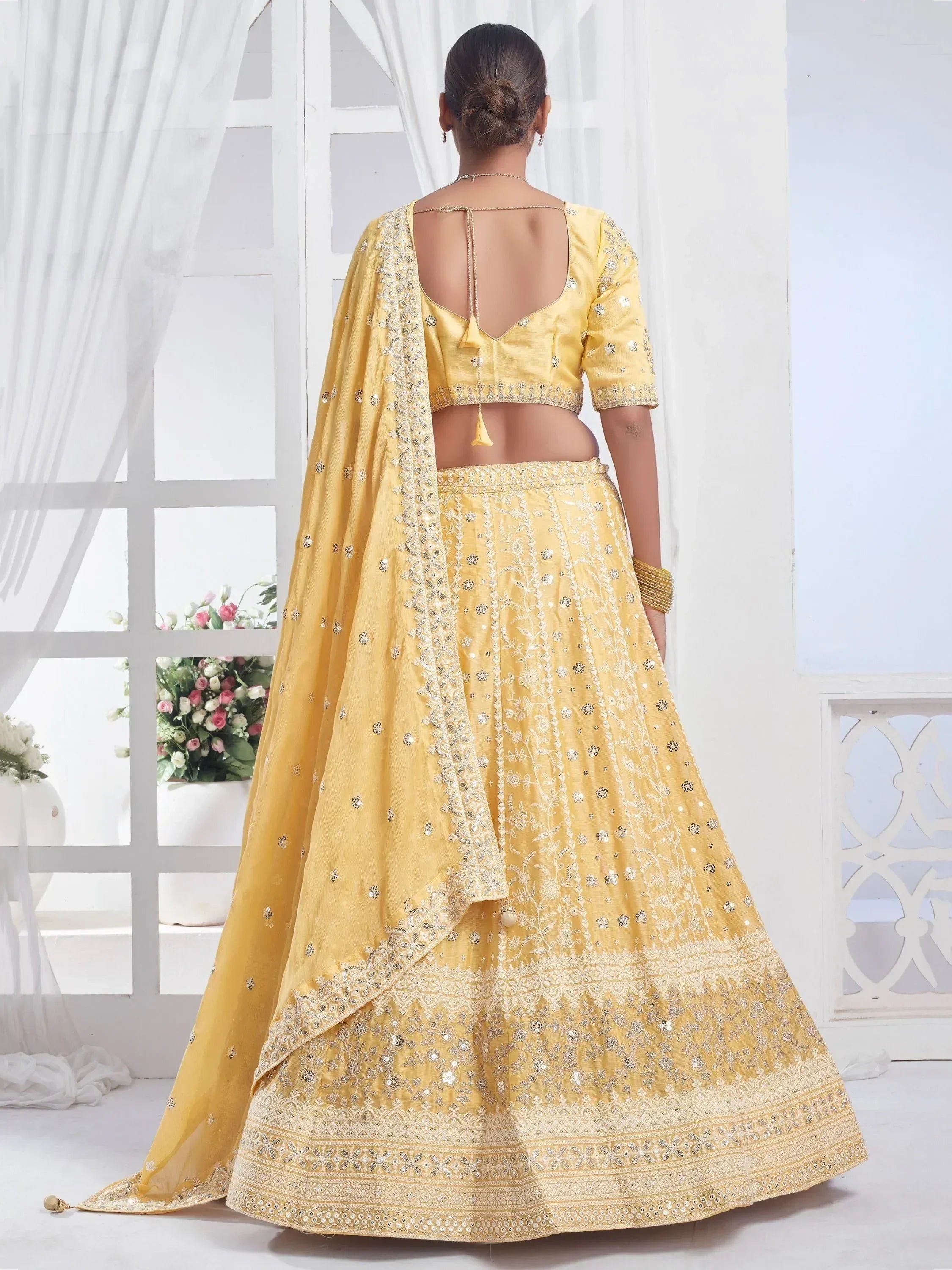 Yellow embroidered lehenga choli with backless blouse and dupatta, Indian ethnic wear