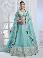 Precious Sky-Blue Embroidered Organza Bridesmaid Lehenga Choli