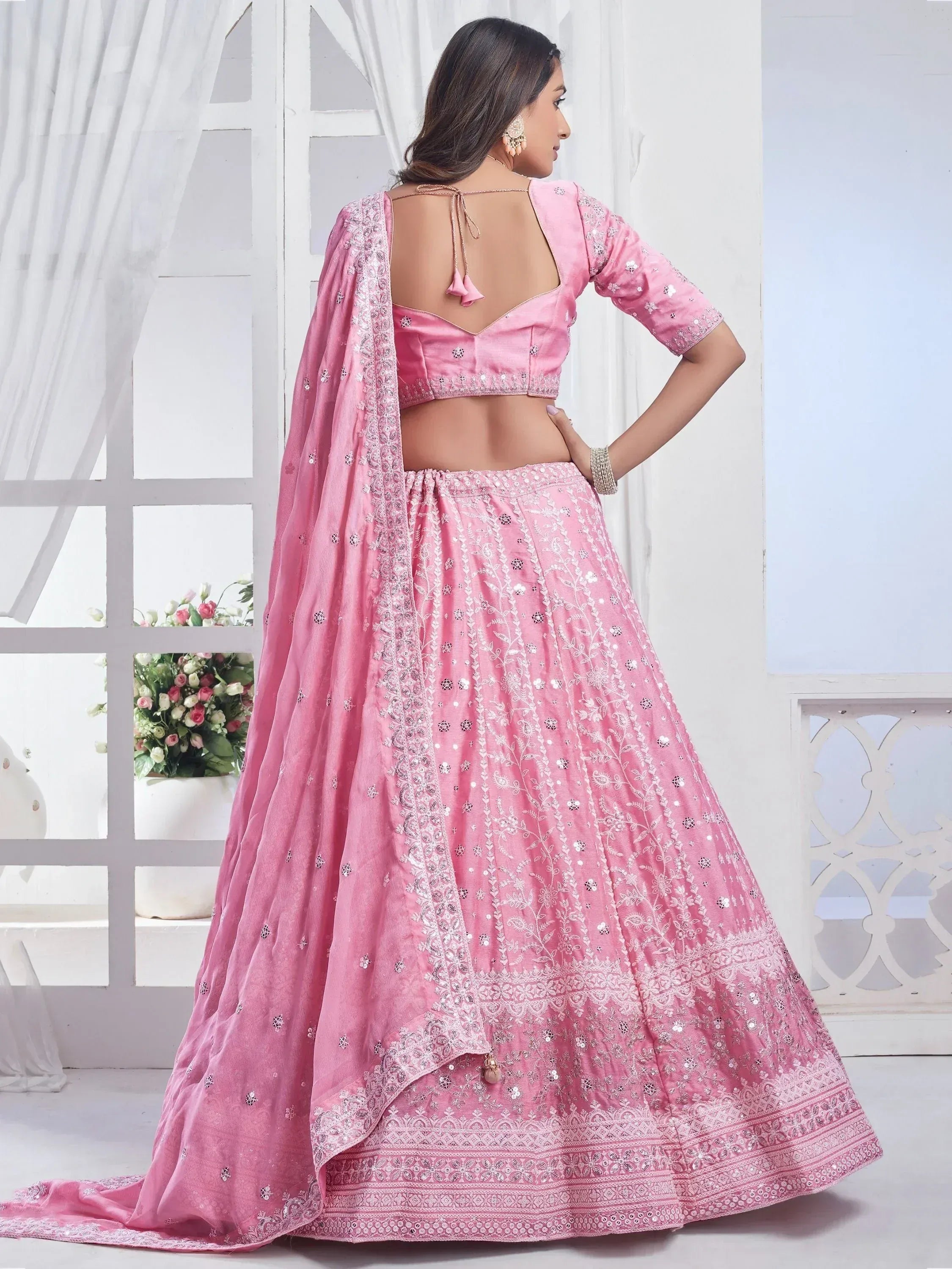 Pink embroidered lehenga choli with backless blouse and dupatta, Indian ethnic wear