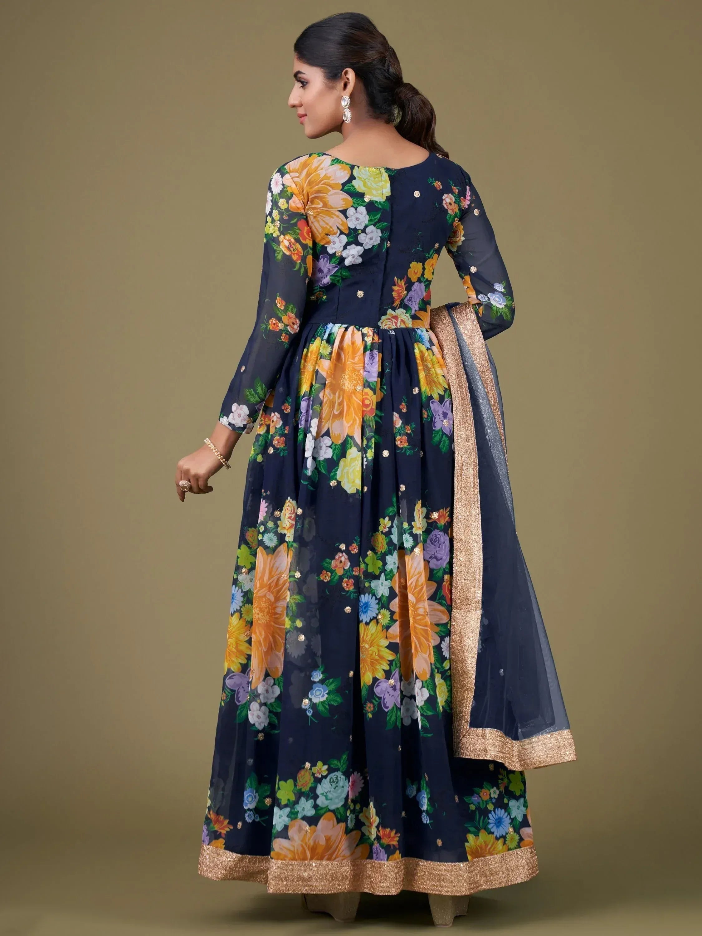 Navy blue floral anarkali with gold trim, Indian ethnic wear for women