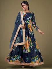 Gorgeous Navy Blue Floral Printed Georgette Gown With Dupatta