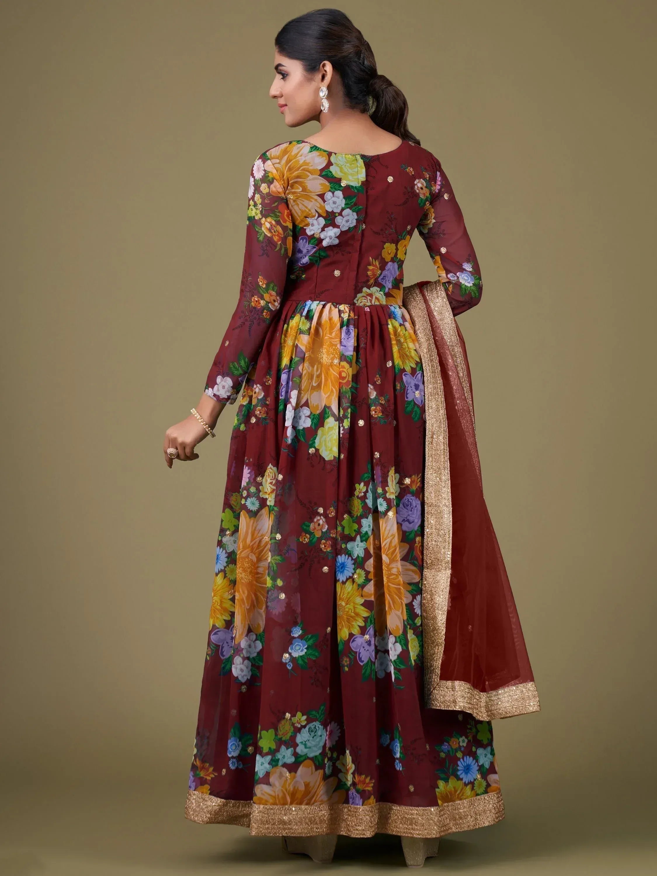Maroon floral print anarkali with gold trim, Indian ethnic wear for women