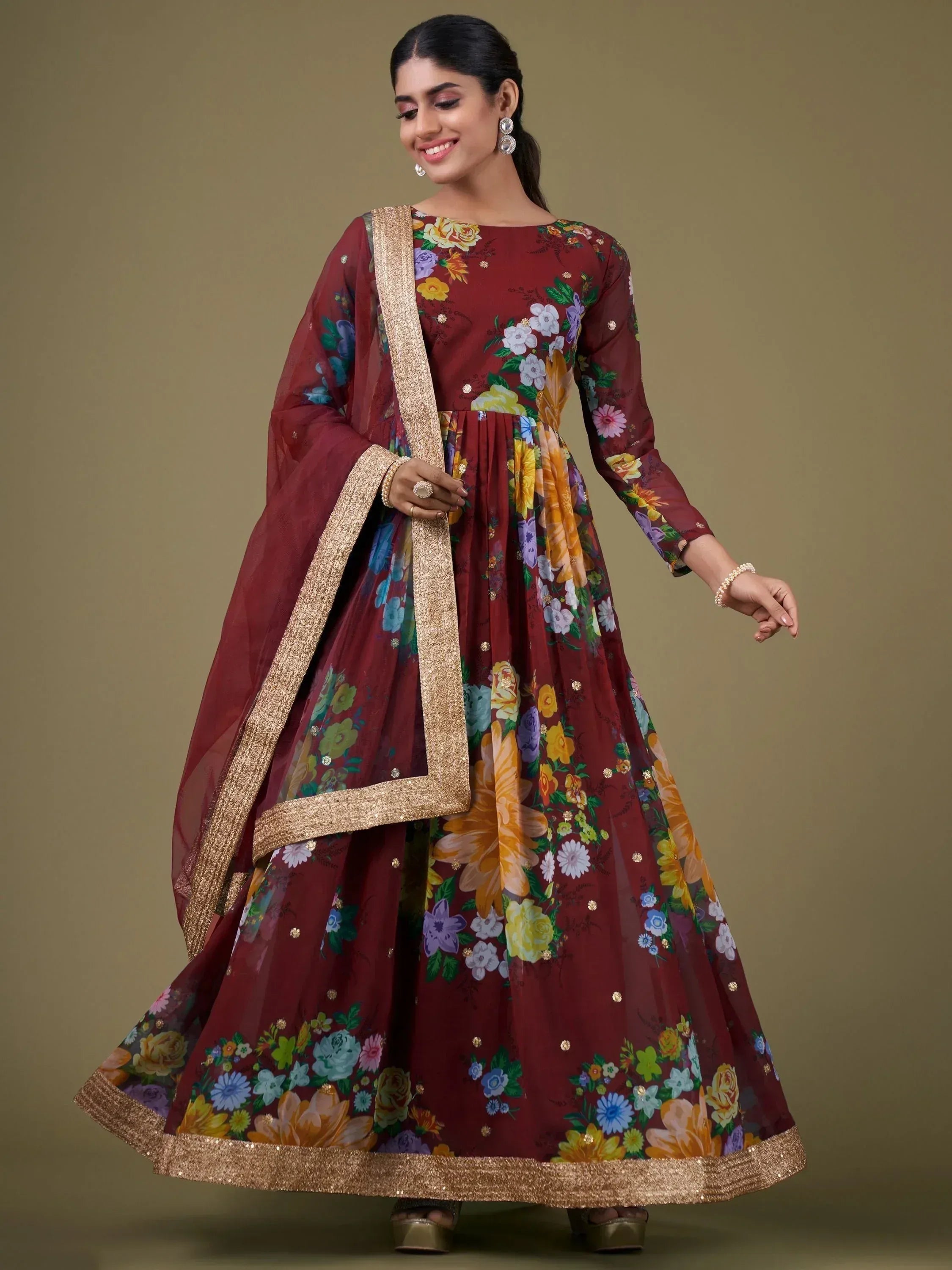 Maroon floral print anarkali with gold trim, Indian ethnic wear for women