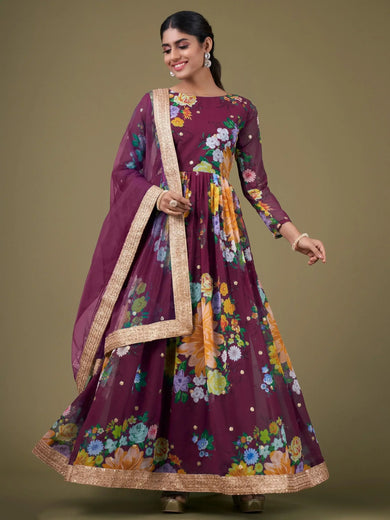 Stunning Purple Floral Printed Georgette Event Wear Gown With Dupatta