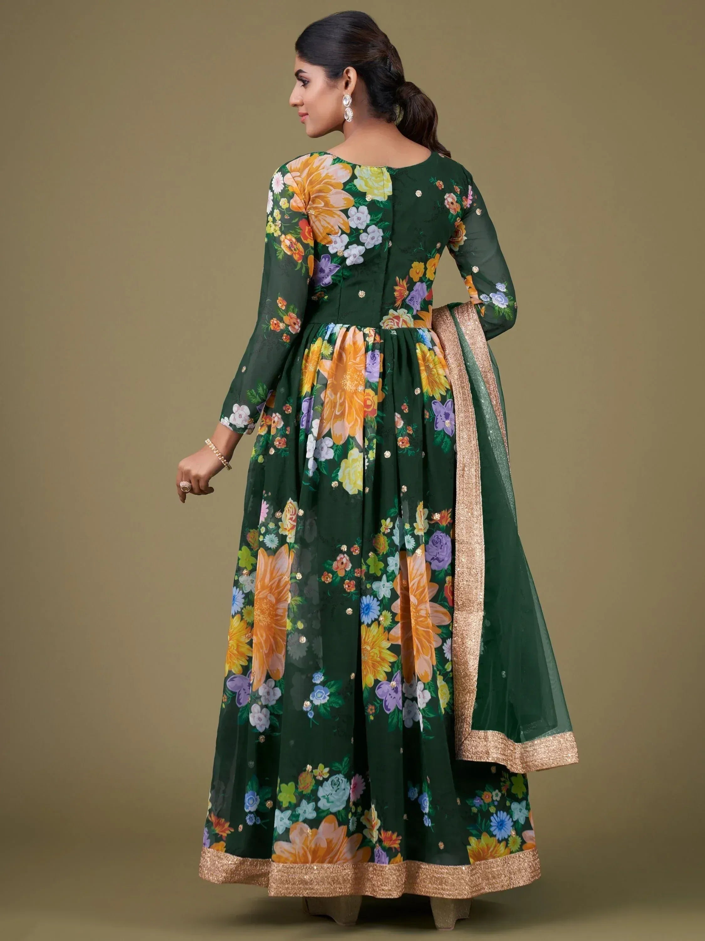 Green floral printed anarkali gown with gold trim, Indian ethnic wear for women