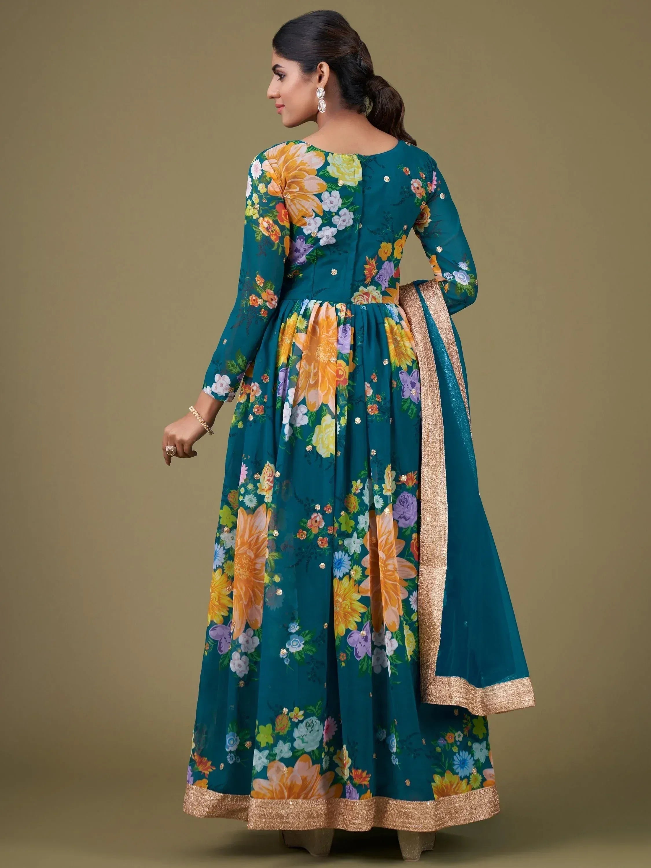 Teal floral print Anarkali suit with gold trim, Indian ethnic wear for women