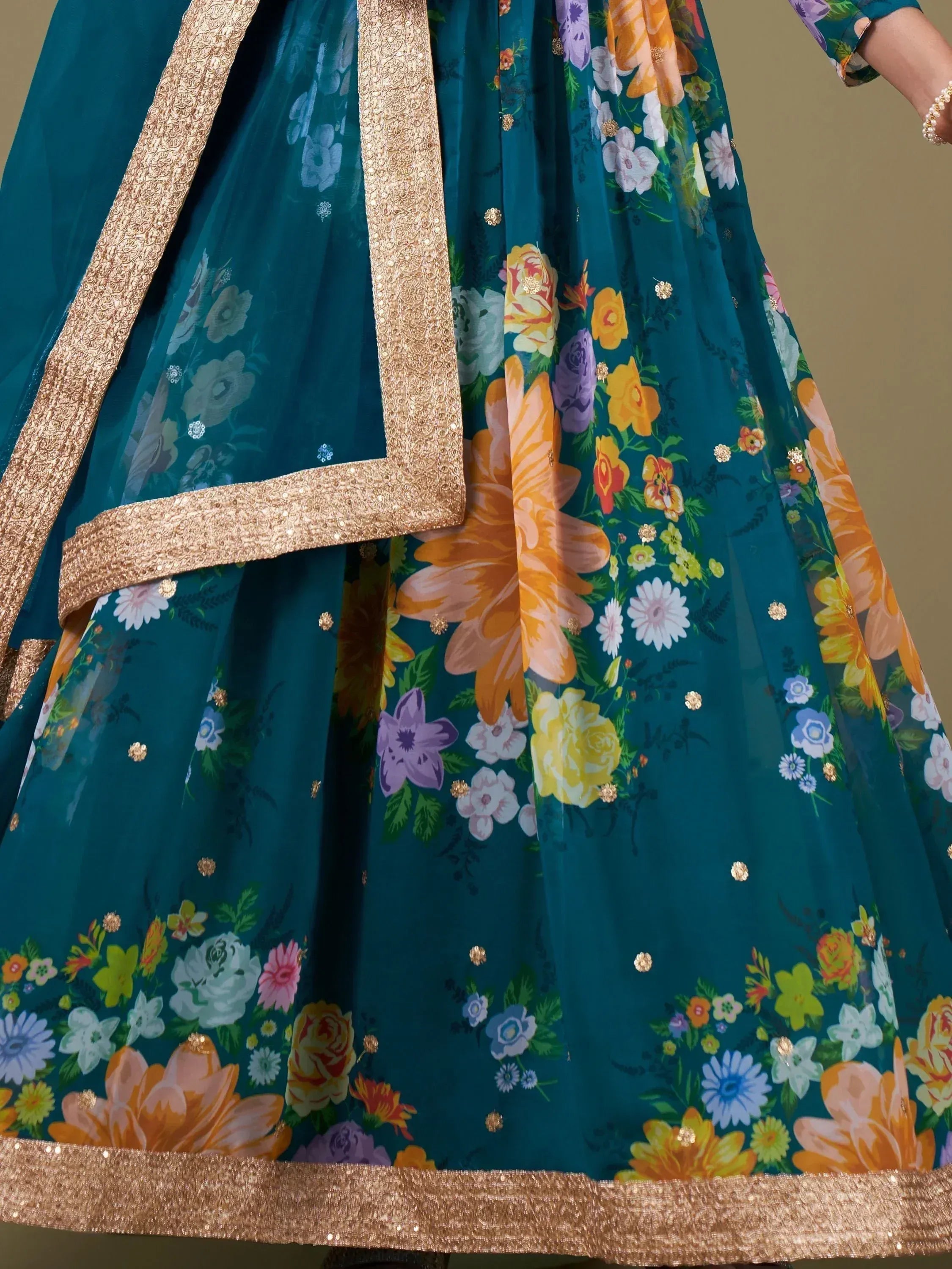 Teal floral lehenga choli with gold sequin border, Indian ethnic wear for women
