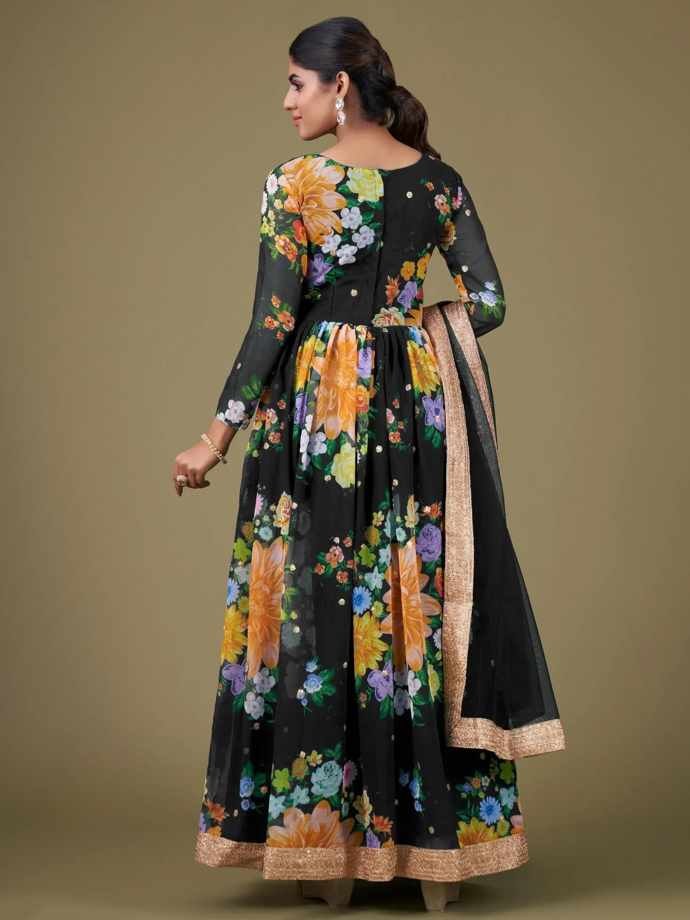 Black floral print anarkali with gold trim, Indian ethnic wear for women