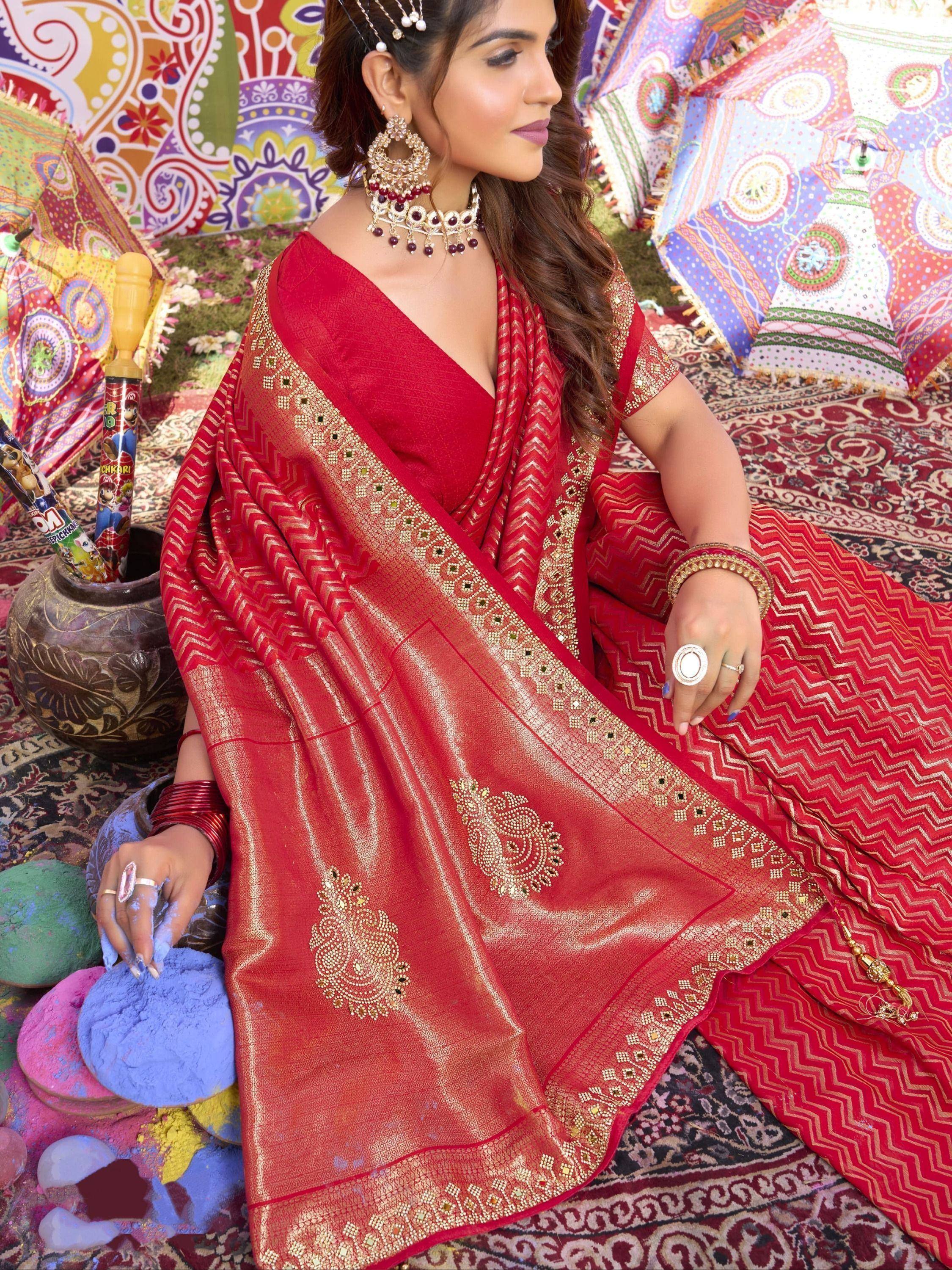 Red ethnic saree with gold embroidery, perfect for festive occasions and Indian celebrations