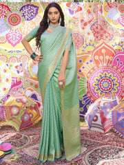 Wonderful Sea-Green Zarkan Work Satin Function Wear Saree With Blouse