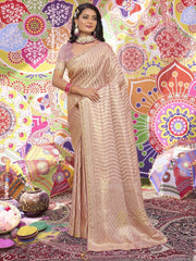 Fabulous Peach Zarkan Work Satin Engagement Wear Saree With Blouse