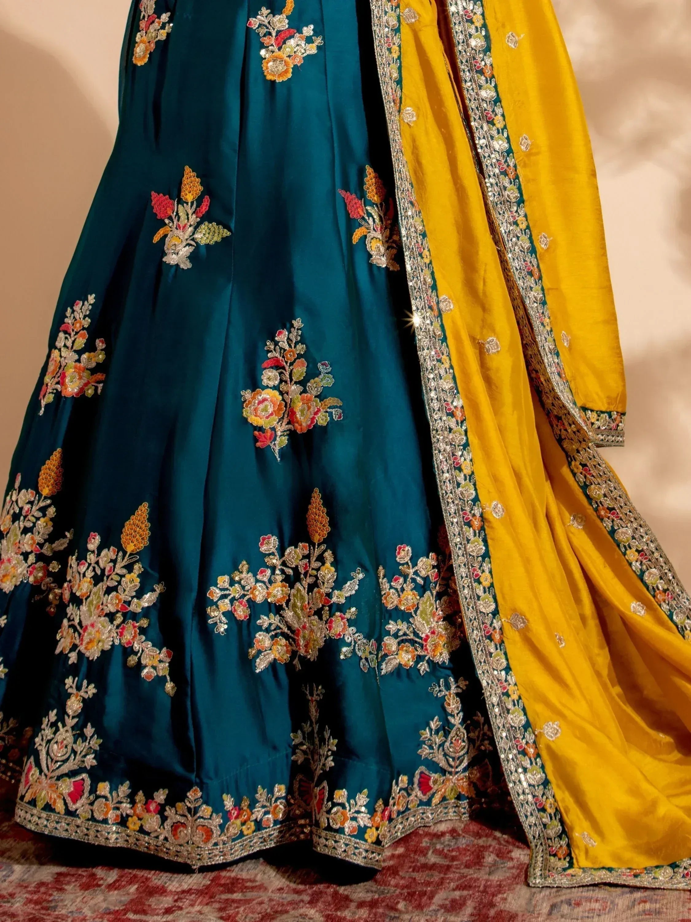 Teal lehenga with floral embroidery and yellow dupatta, Indian ethnic wear