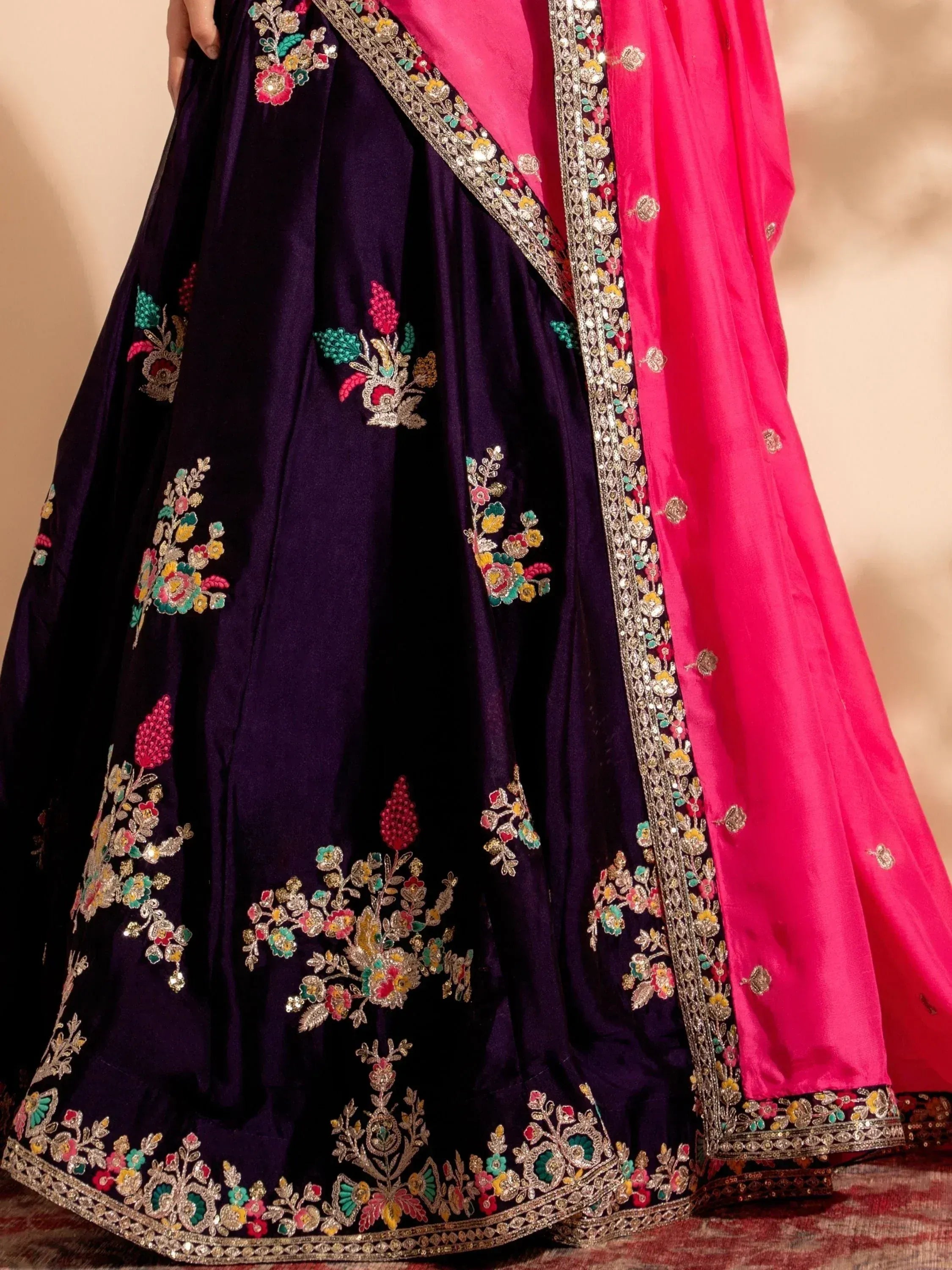 Purple lehenga with floral embroidery and pink dupatta, Indian ethnic wear