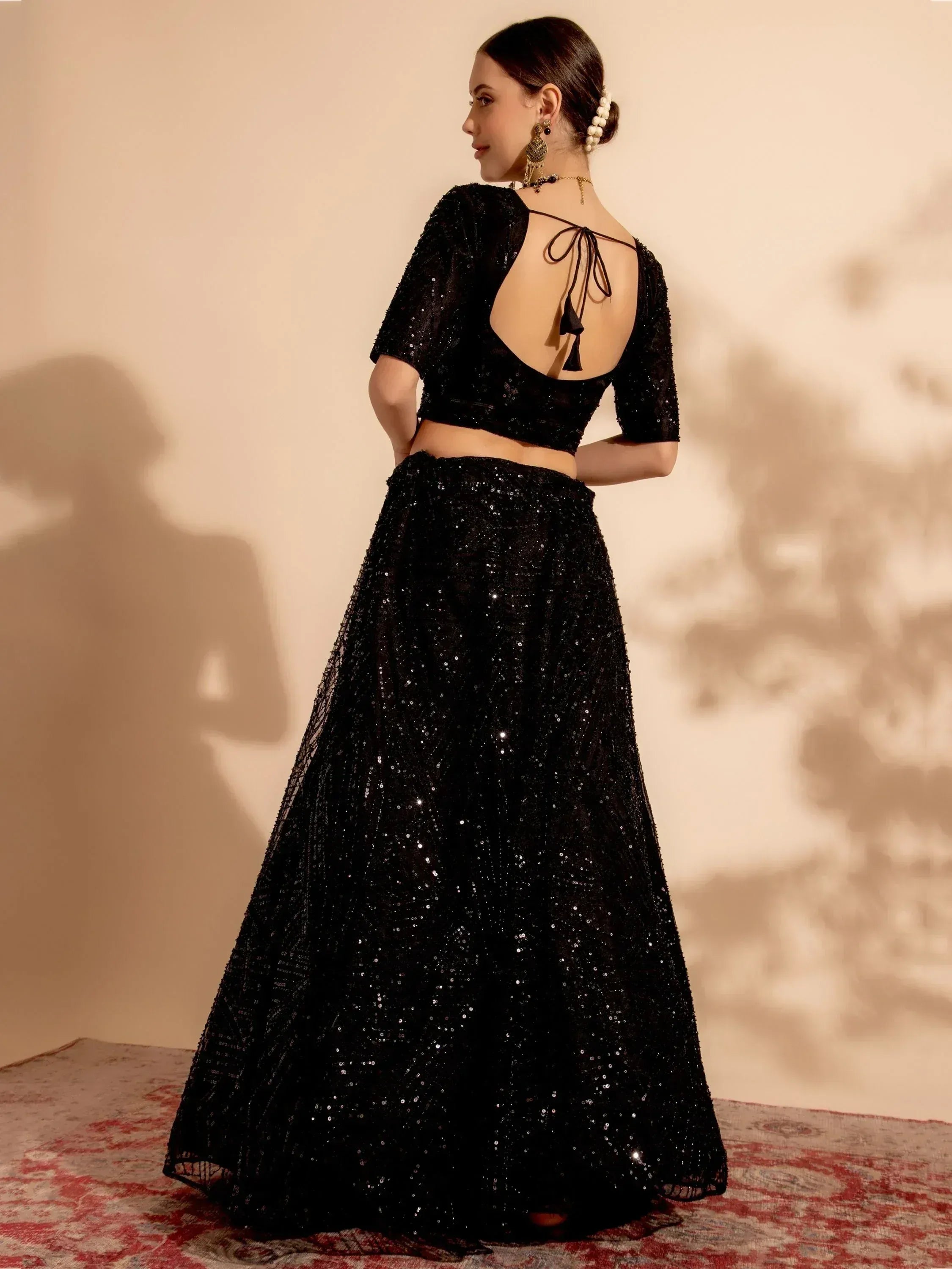Black sequin lehenga choli with open back blouse, ethnic wear for women