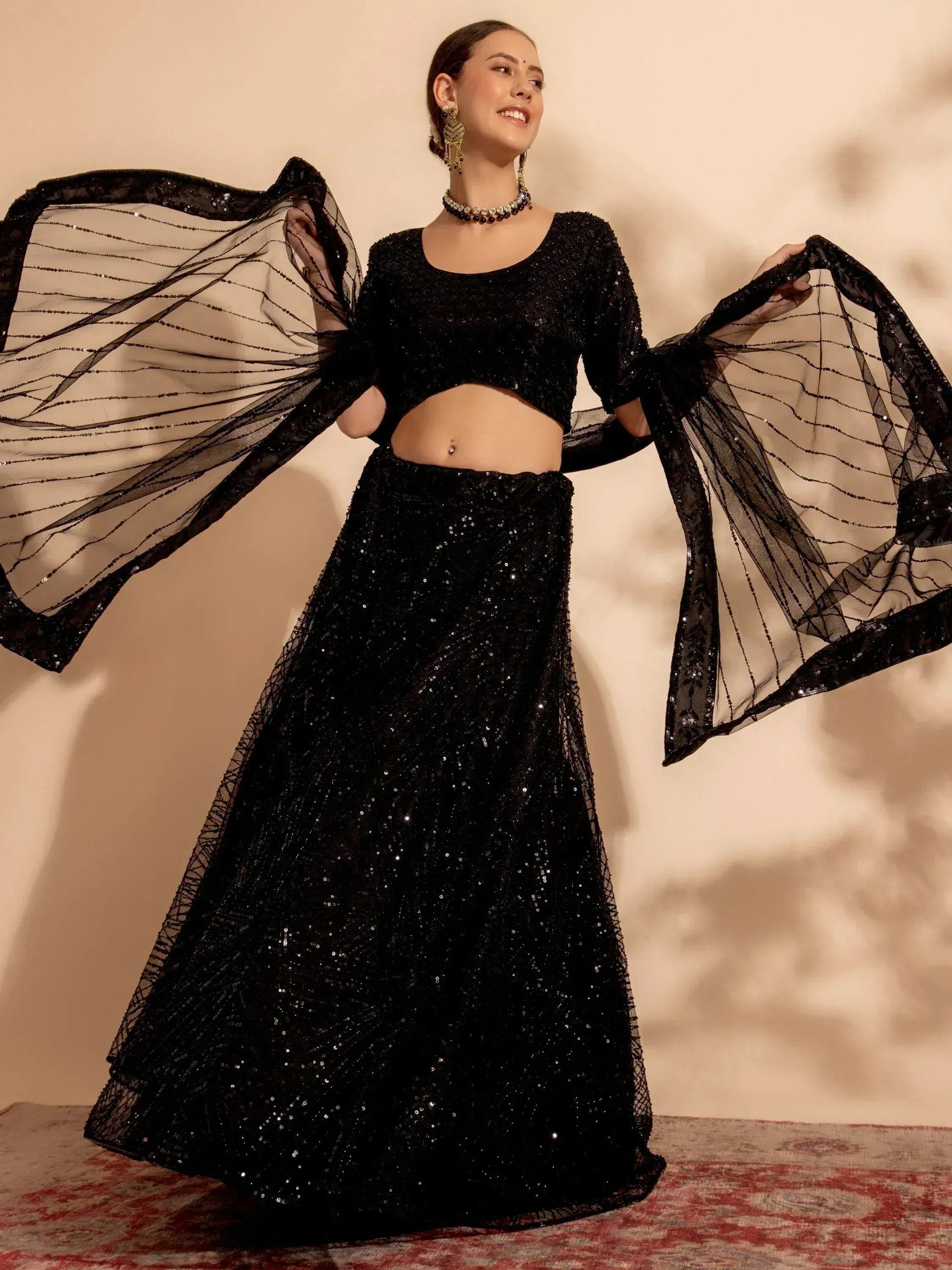 Black sequin lehenga choli with sheer cape, Indian ethnic wear for weddings and parties