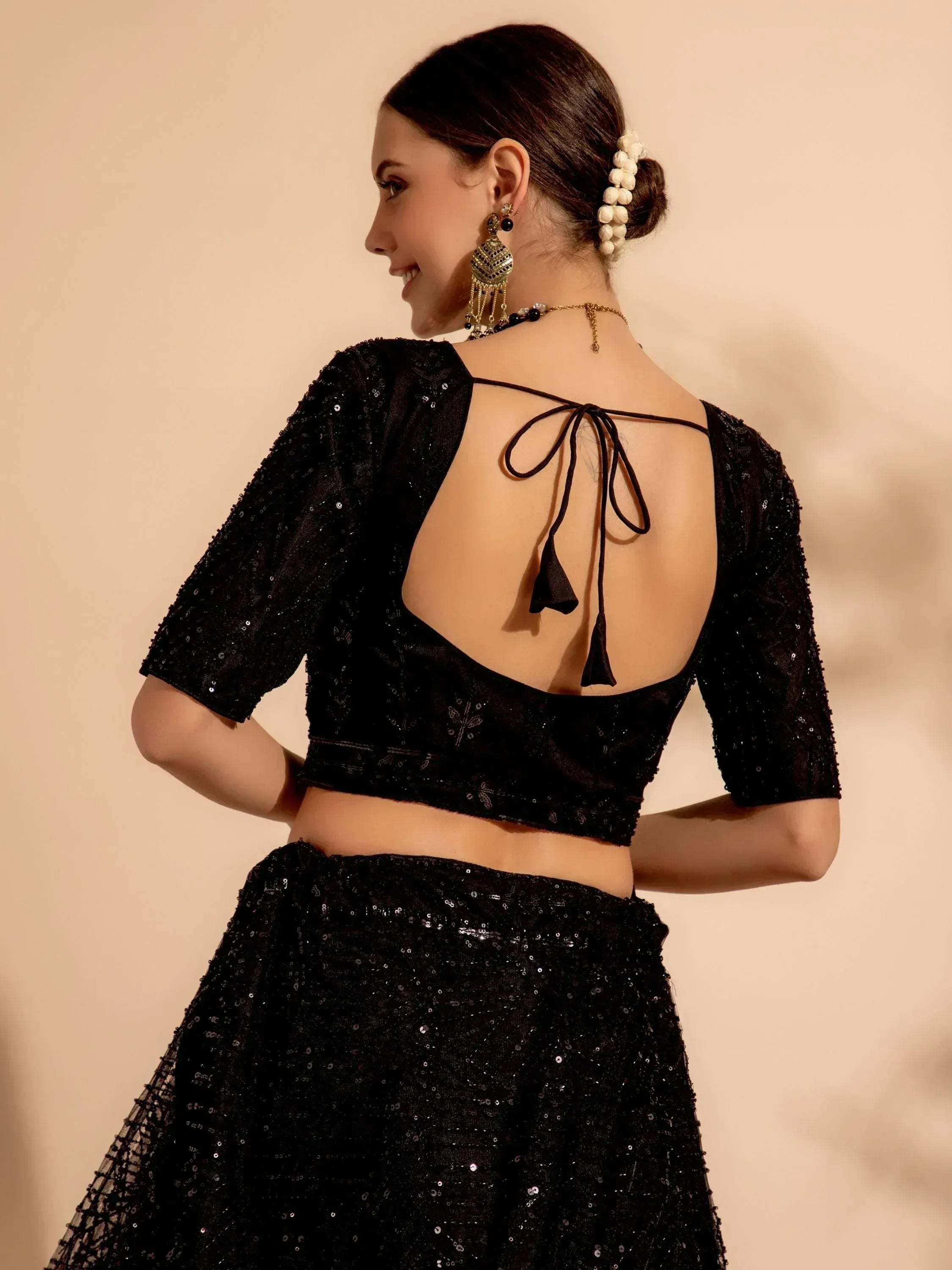 Black sequin lehenga choli with open back tie-up blouse, ethnic Indian wear
