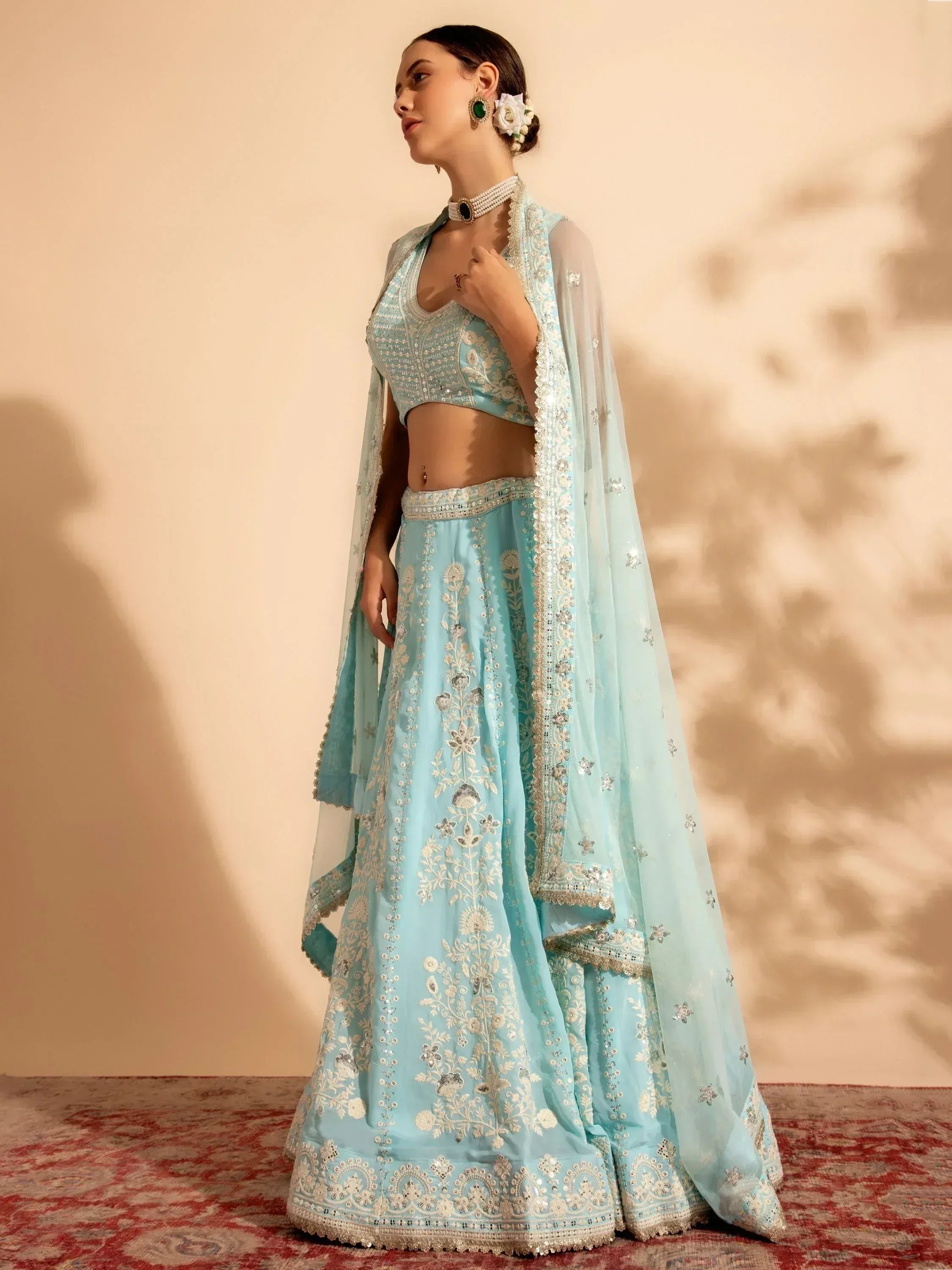 Light blue embroidered lehenga choli with dupatta, Indian ethnic wear for weddings and festivals