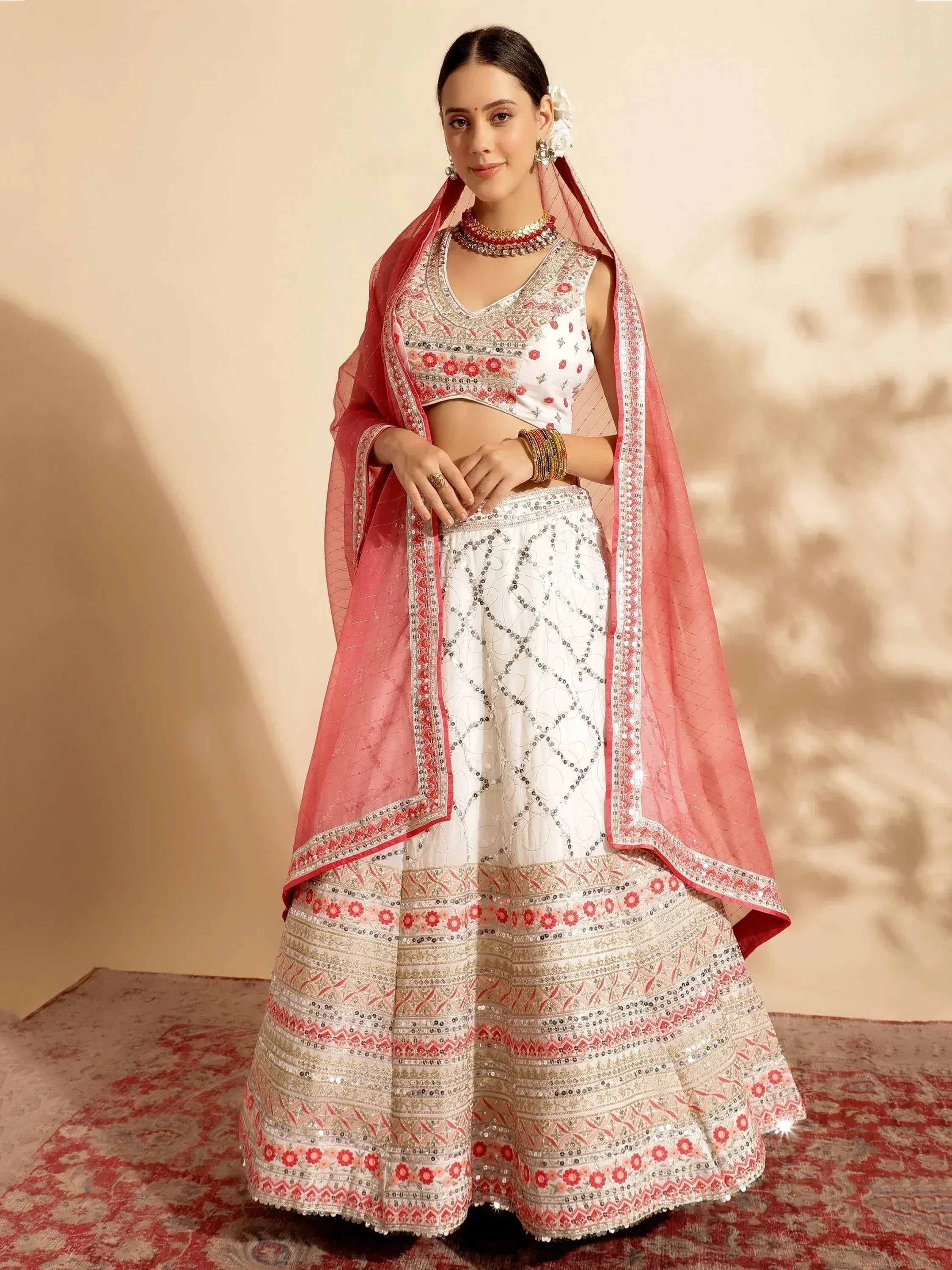 White and pink embroidered lehenga choli with dupatta, Indian ethnic wear for weddings and festivals