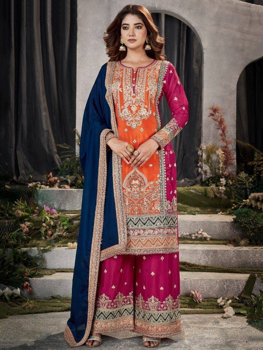 Orange and pink embroidered salwar kameez with blue dupatta, Indian ethnic wear for women