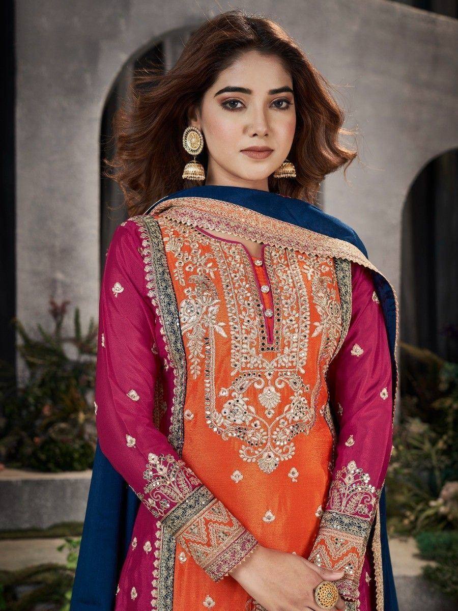 Orange and pink embroidered salwar kameez with blue dupatta, ethnic Indian wear