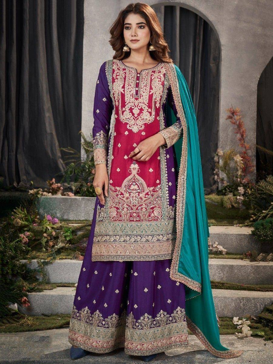 Purple and pink embroidered salwar kameez with teal dupatta, Indian ethnic wear for women