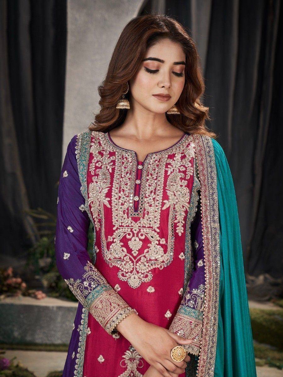 Elegant pink and purple embroidered salwar kameez with teal dupatta, perfect for Indian ethnic occasions