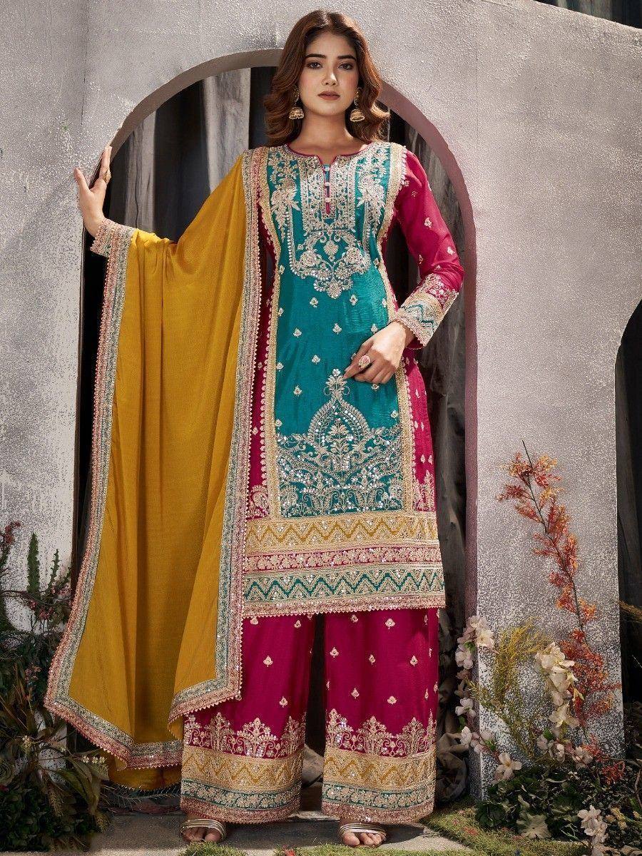 Teal and magenta embroidered salwar kameez with yellow dupatta, Indian ethnic wear