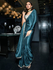 Alluring Blue Zari Weaving Satin Designer Saree With Blouse