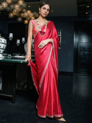 Glamorous Coral Red Zari Weaving Satin Wedding Saree With Blouse