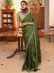 Outstanding Olive Green Zari Weaving Satin Mehendi Wear Saree